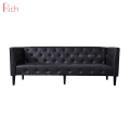 Chesterfield Diamond Tufted Black Italian Full Grain Leather Long Sofa with Wood Leg